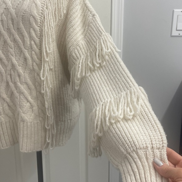 River Island Fringe Cable Knit Turtleneck Sweater in Cream Sz M - Picture 3 of 12